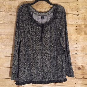 Faded Glory Black Print Tie Peasant Style Top XXL